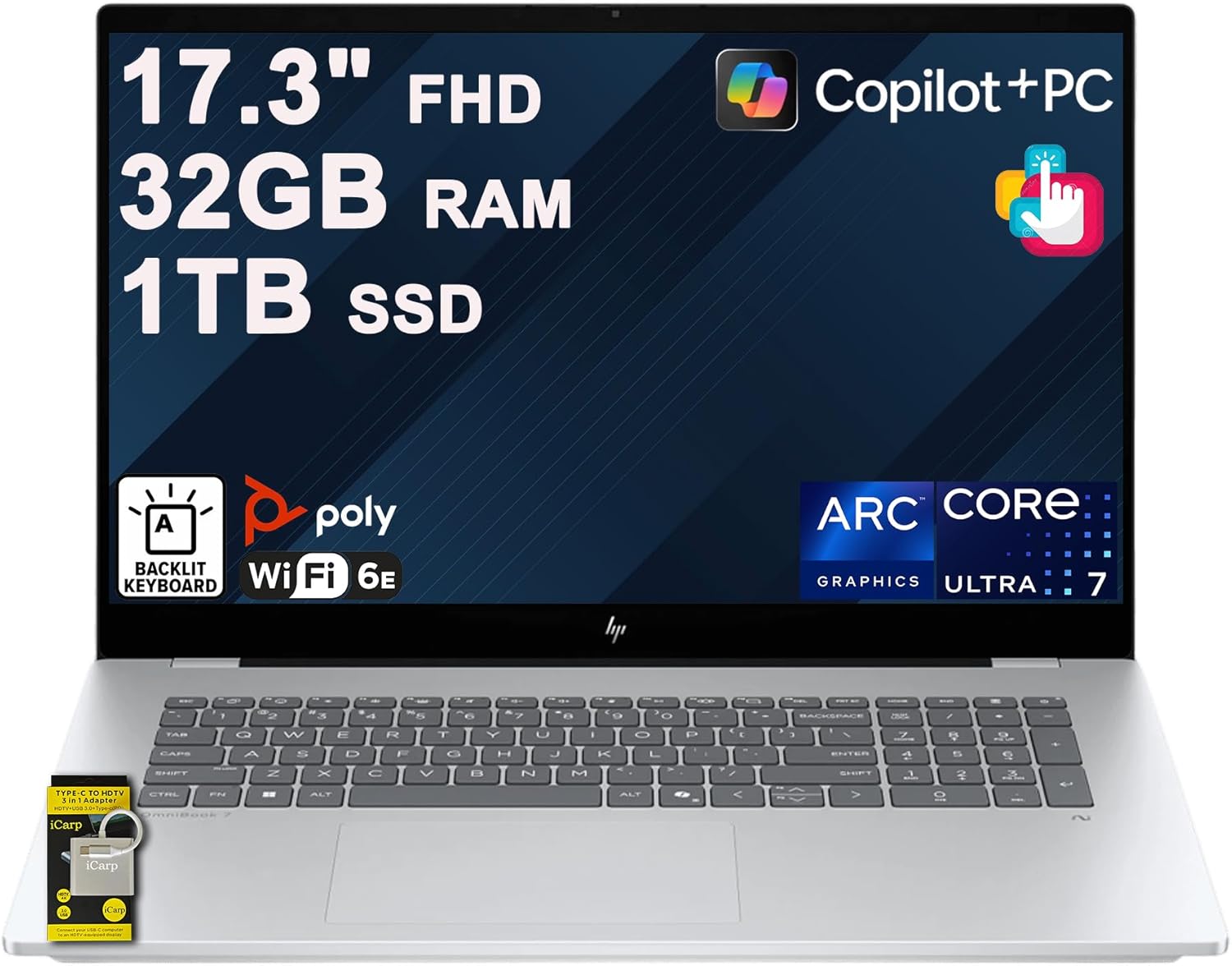 HP OmniBook 7 Laptop 17.3" FHD IPS Touch (400nits 100% sRGB) Intel 8-core Ultra 7 258V (Up to 47 AI Tops) 32GB RAM 1TB SSD Backlit Thunderbolt for Creator Designer Business Professional Win11 ICP Hub
