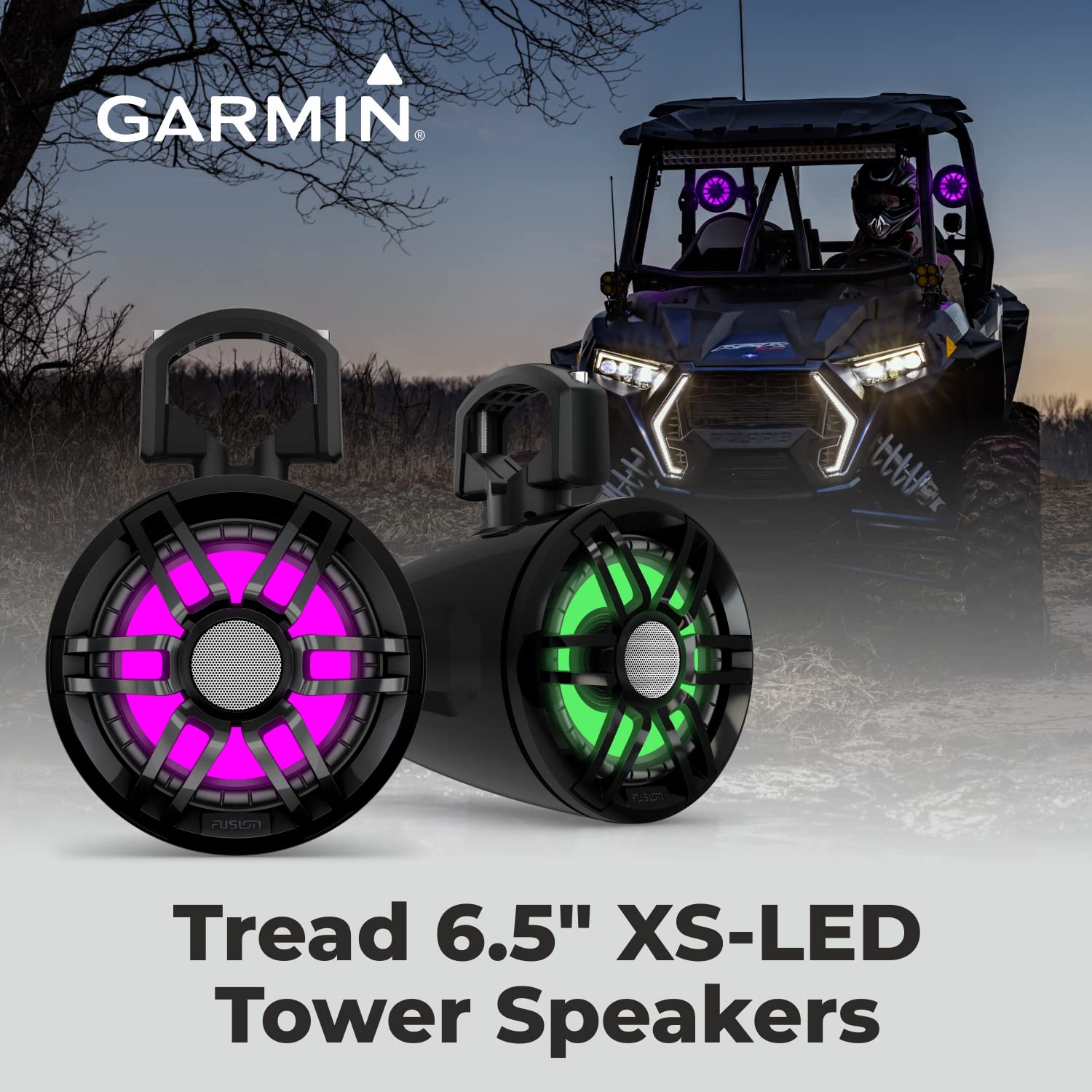 Wearable4U Garmin Tread 6.5 XS-LED Tower Speakers Black Earbuds Bundle