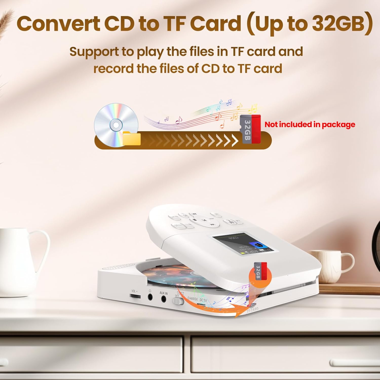 Bluetooth CD Player Portable for Home with Dual Speakers, FM Transmitter, Rechargeable Portable CD Player for Car Compact Player with Colorful TFT Screen
