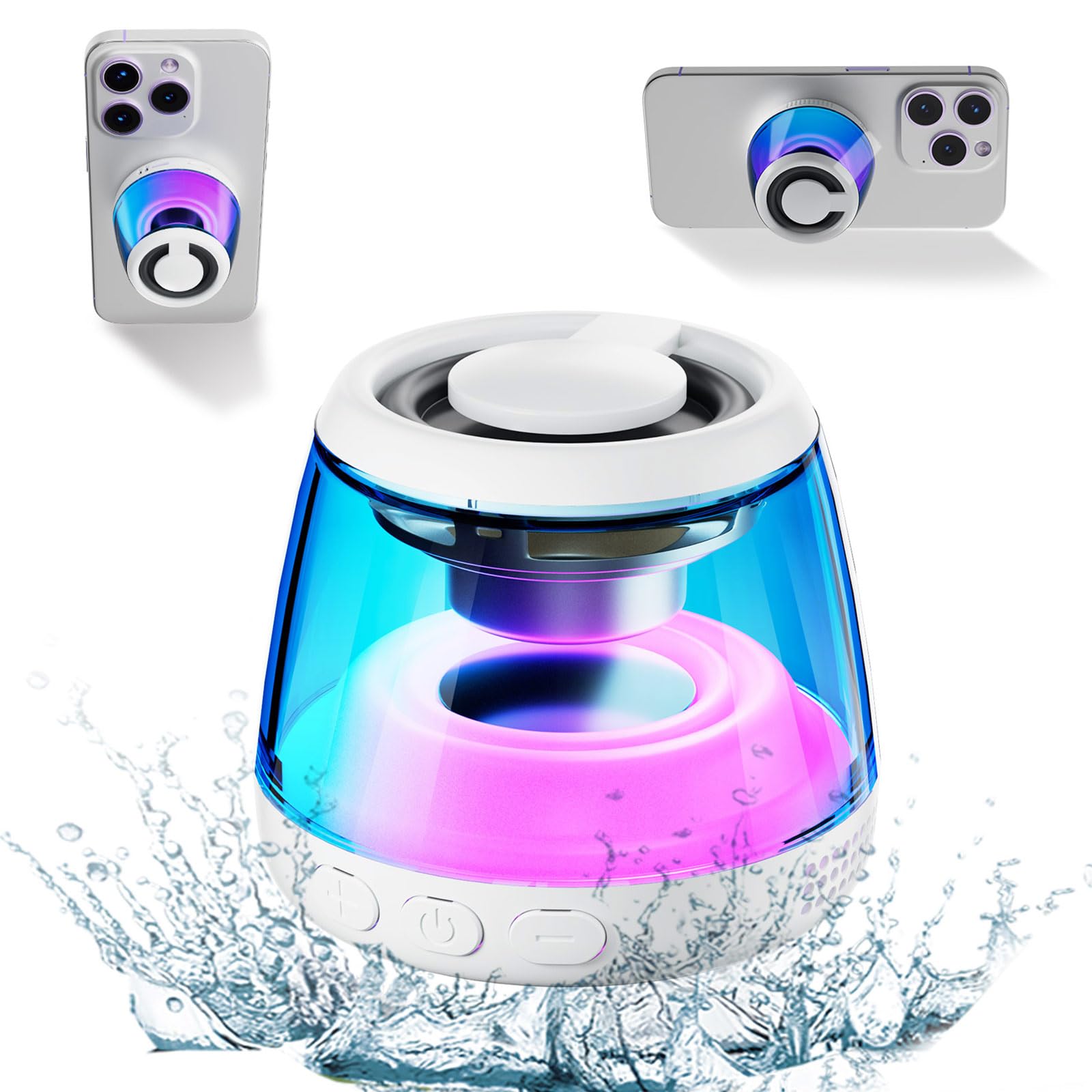 Altavoz Bluetooth magnético, altavoz de ducha Bluetooth impermeable, soporte portátil para teléfono celular para iPhone 16/15/14/13/12, cordón y luz nocturna RGB, o hogar, al aire libre, piscina,
