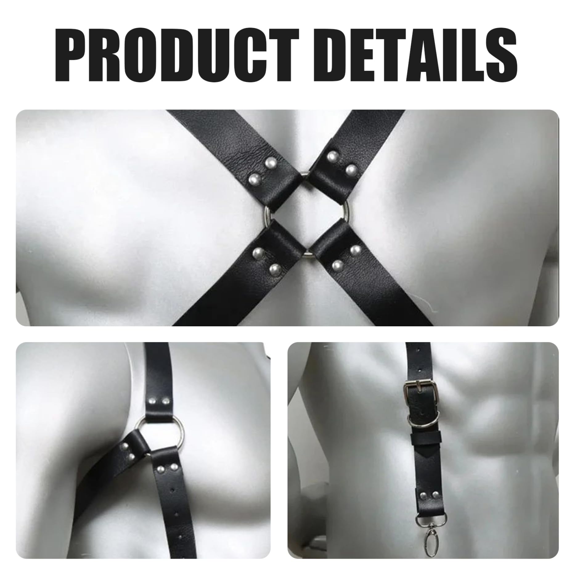 NIDONE Arnés para hombres Sexy Attetable Chest Arnés de cuero PU negro con clip Cuerpo de servicio pesado para la camisa de los hombres, rendimiento del club nocturno y más, para