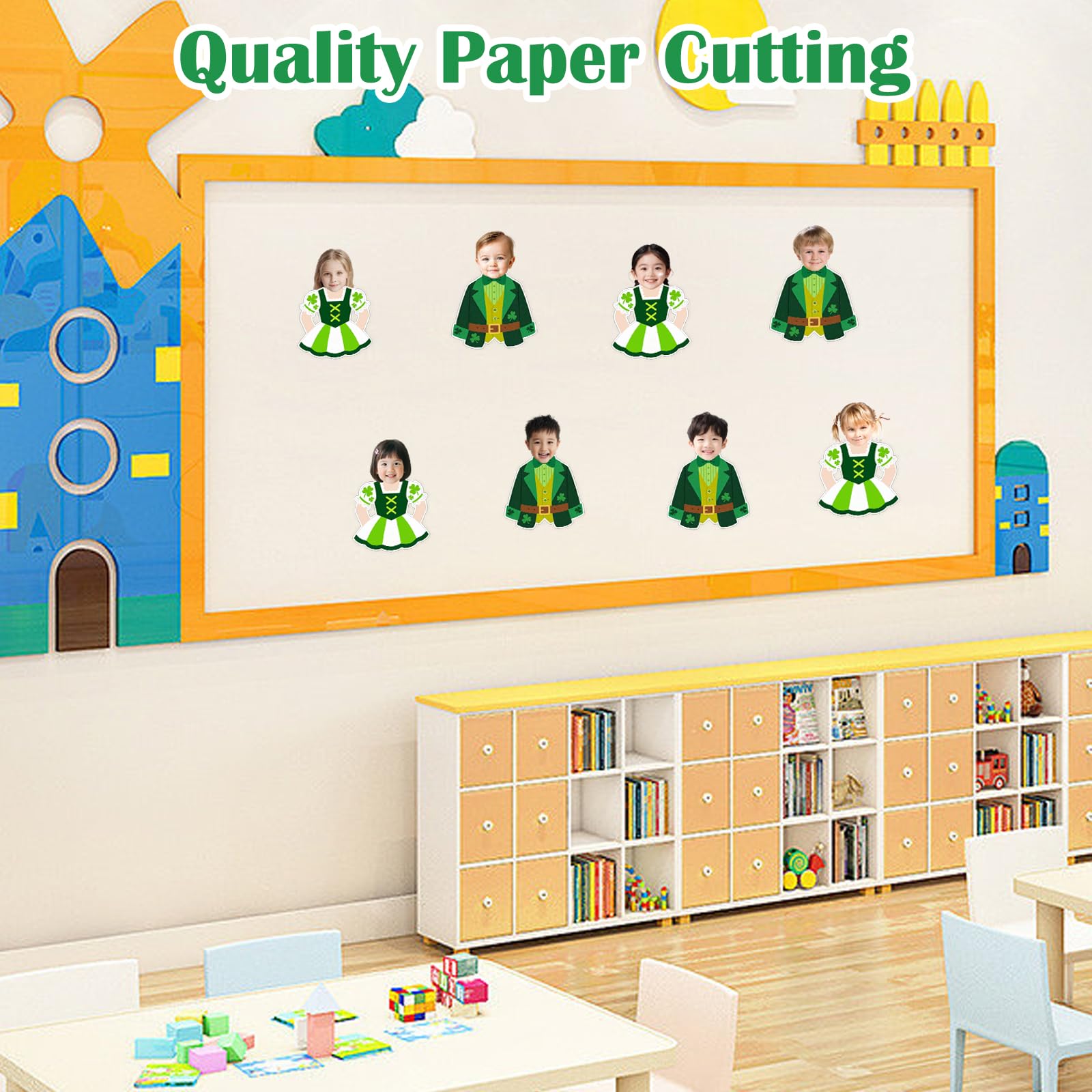 50 Piezas de decoración para tablón de anuncios del Día de San Patricio: Recortes de Traje y Vestido de Duende con 100 Puntos de Pegamento, Papel Verde para Decorar aulas, oficinas, hogares y Puertas