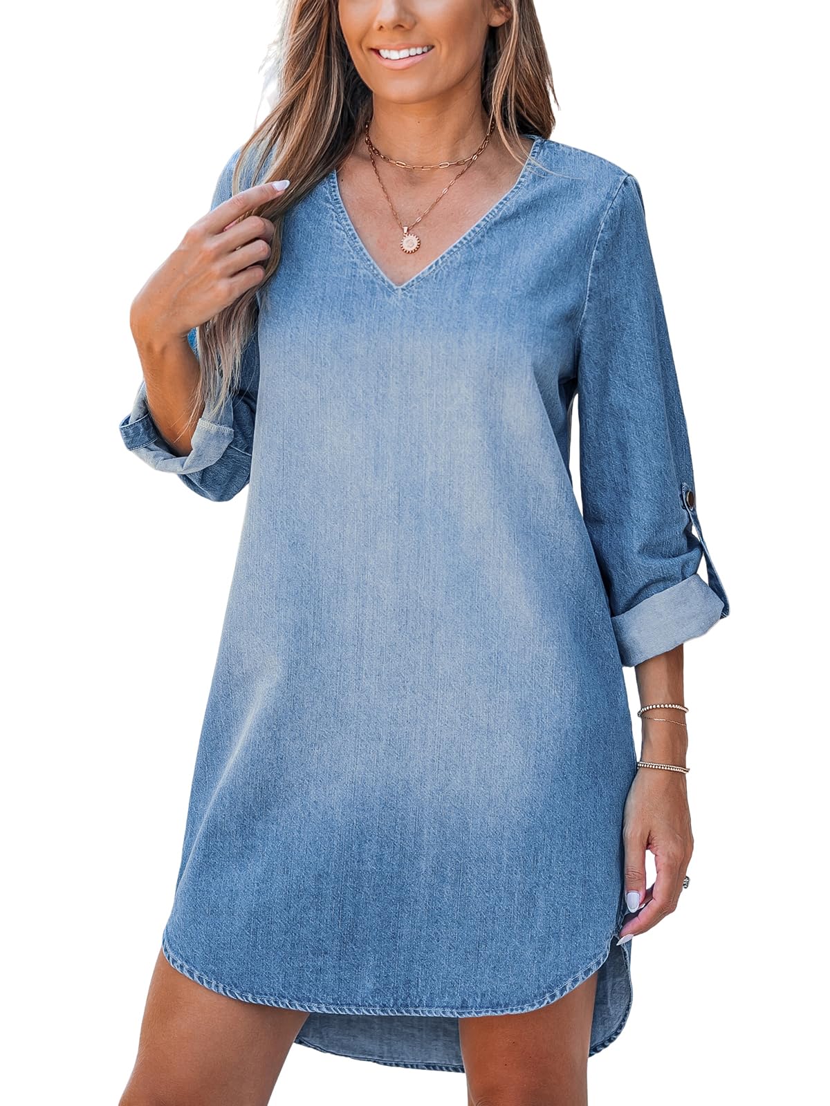 CUPSHE Mini robe en jean à manches longues et col en V pour femme