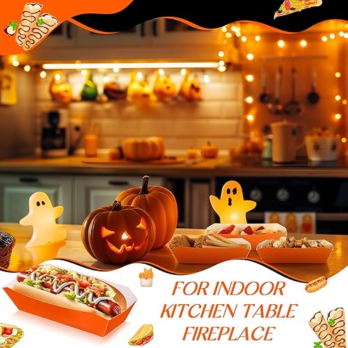 Vista 17 de Yeaqee 100 bandejas de papel de 7 pulgadas para perros calientes, desechables, para Halloween, alimentos, nachos, botes para perros calientes, Rosado