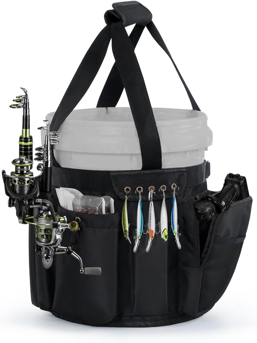 VISEMAN Fishing Bucket Organizer for 5 Gallon Bucket, Waterproof with 3 Rod Holders, Padded Handle, Multi-Pocket Tool Caddy for Ice, Bank, and Sea Fishing