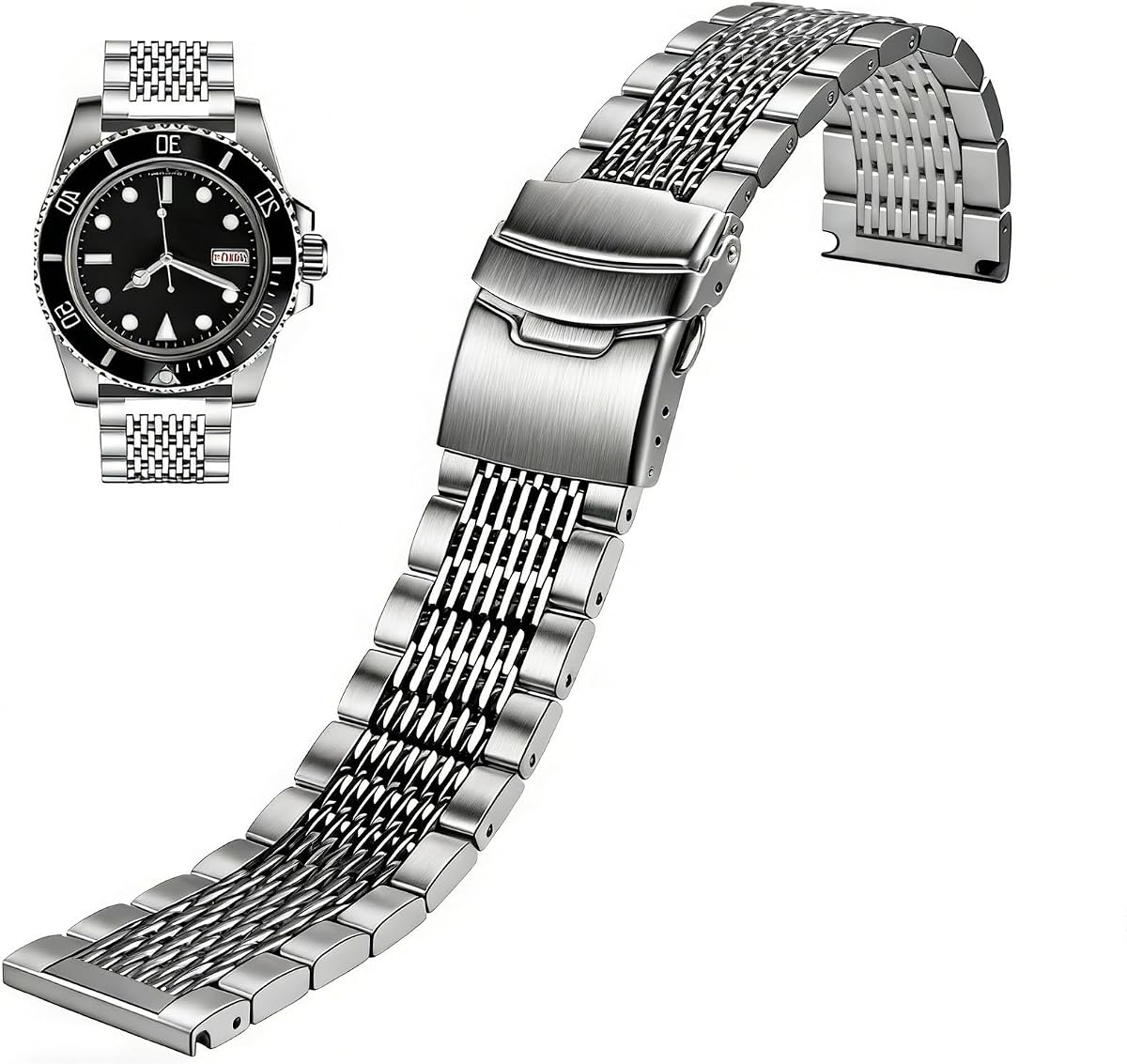 Juntan Correa de reloj de acero inoxidable, 0.709 in, 0.787 in, 0.866 in, 0.945 in, correas de metal para hombres y mujeres, pulsera de reloj de negocios ajustable, color plateado y negro con cierre de doble despliegue sólido