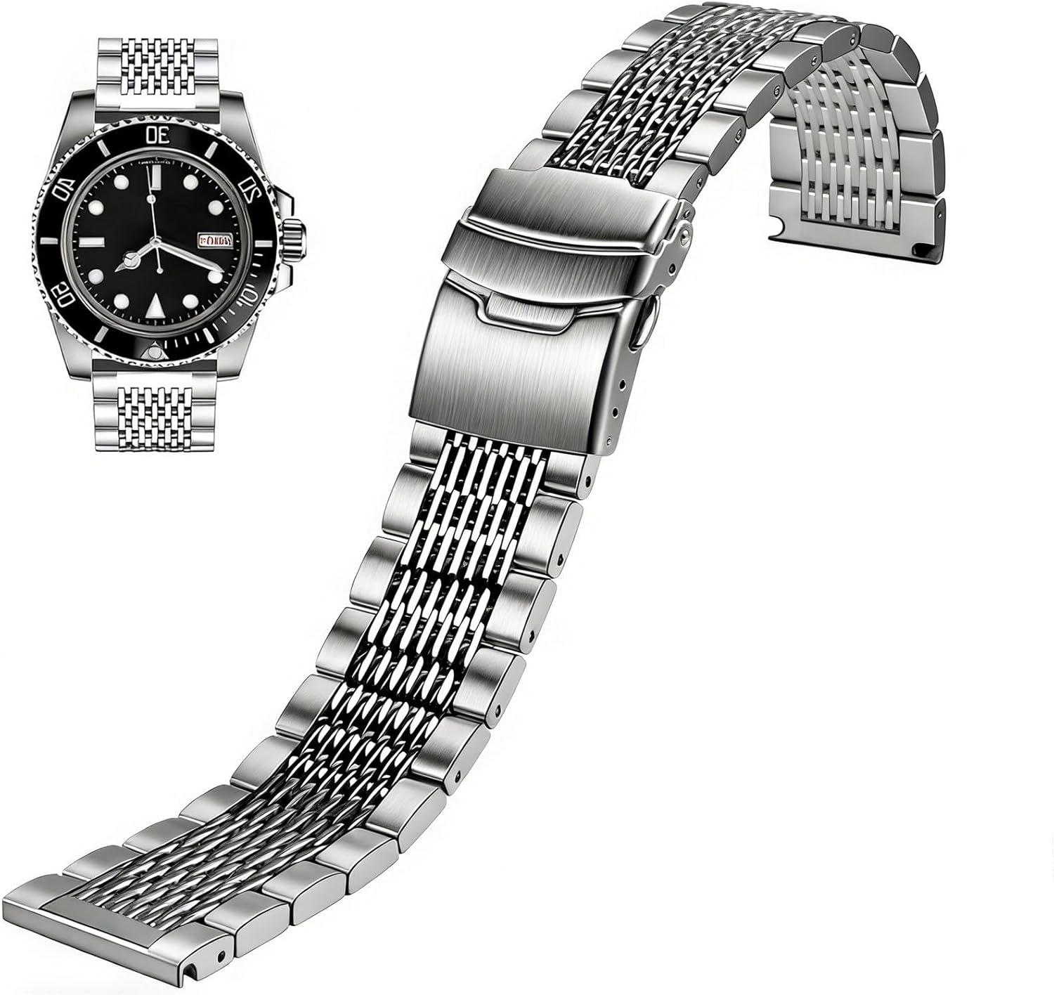 Juntan Stainless Steel Watch Band, 18mm 20mm 22mm 24mm Metal Watch Bands Straps for Men Women, Adjustable Business Watch Bracelet Silver Black with Solid Double Deployment Clasp