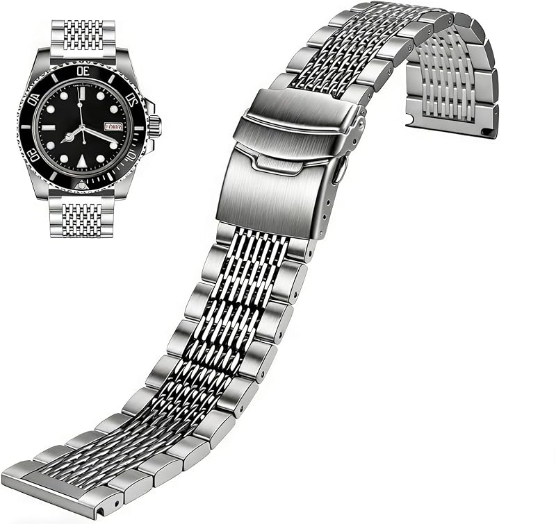 Juntan Stainless Steel Watch Band, 18mm 20mm 22mm 24mm Metal Watch Bands Straps for Men Women, Adjustable Business Watch Bracelet Silver Black with Solid Double Deployment Clasp
