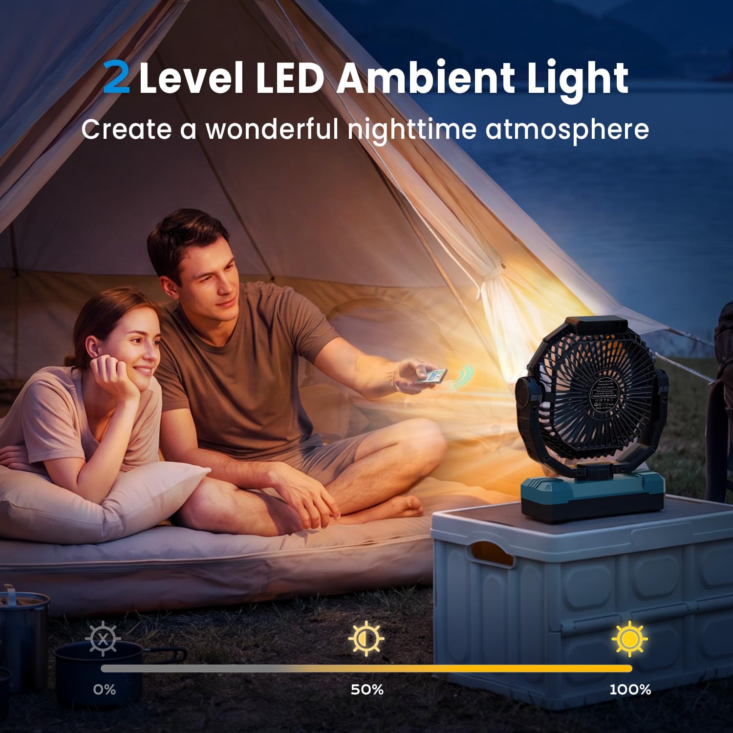 FRIZCOL Ventilatore da campeggio 3 in 1, portatile, ricaricabile, 24000 mAh, alimentato a batteria, con luce, per interni, esterni, tenda, viaggi, pesca, cantiere, regali per uomini, papà, lui, blu