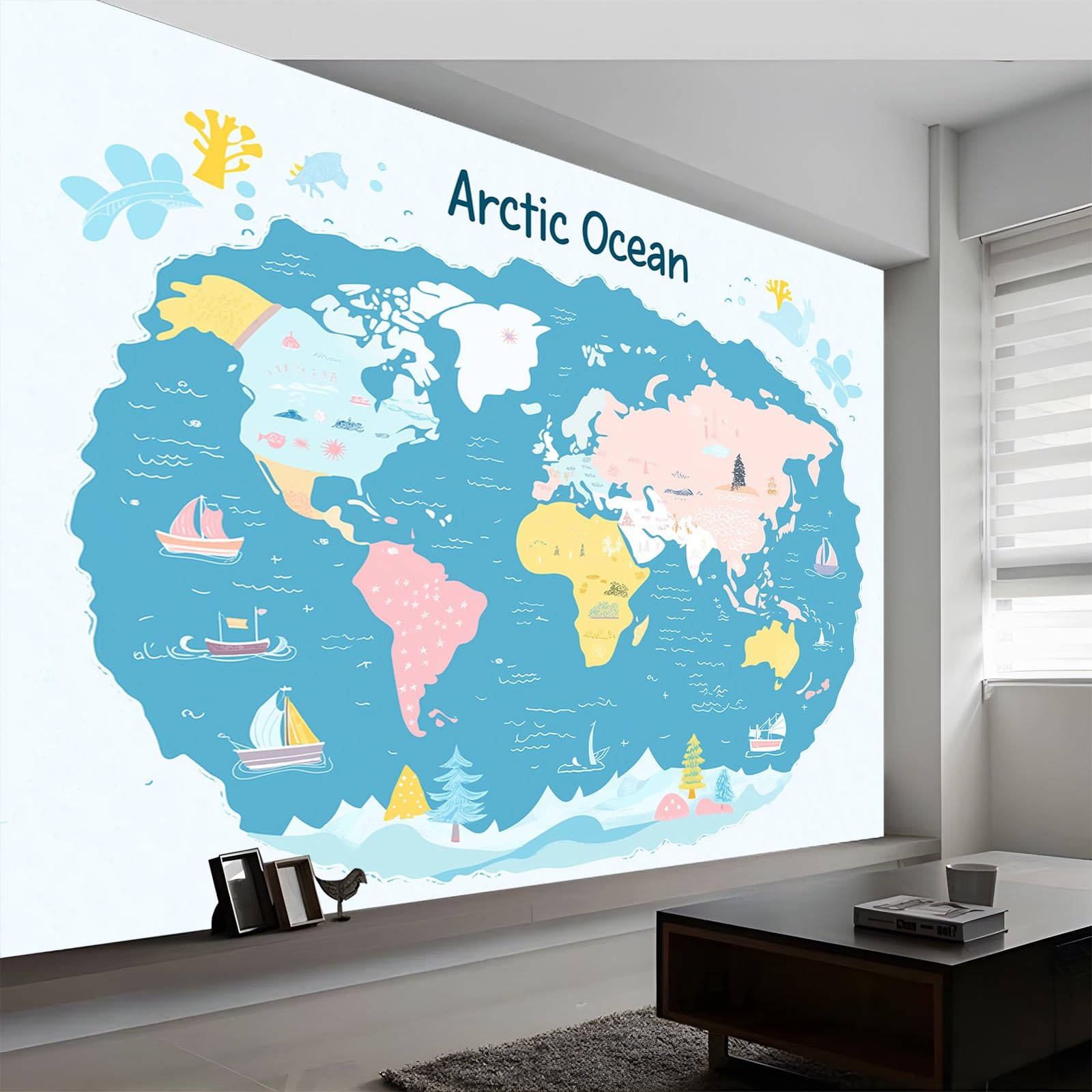 Fototapeta z motywem z kreskówki, mapa świata, tapeta ścienna, 350 x 256 cm, fototapeta do sypialni, salonu, biura, dekoracja ścienna, jasnoniebieska, plakat 3D, tapeta z włókniny