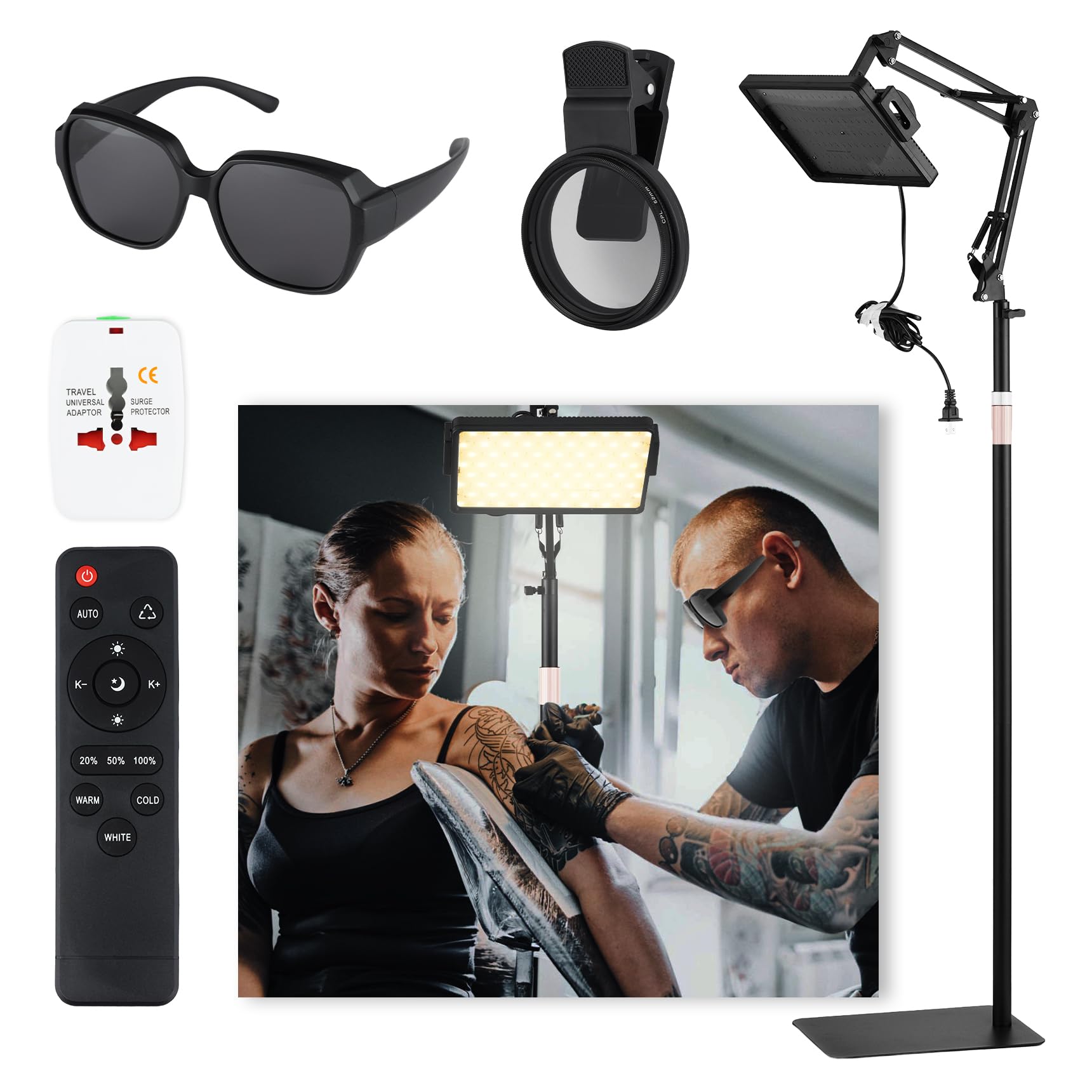 Lampada da lavoro a LED polarizzata con lenti per visione del tatuaggio e cornice extra per eliminare le ombre, alta definizione, dotata di supporto per luci a 360°