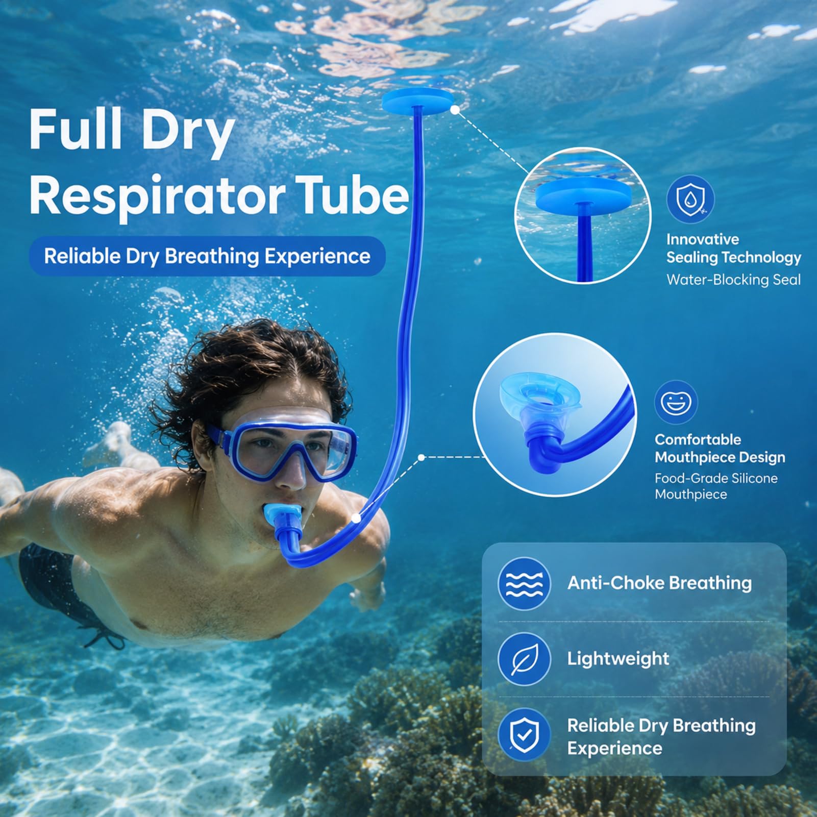 Snorkel Dry Totale Anti Perdite - Tubo Respiratore 150-300cm in PVC E Silicone | Attrezzatura per La Respirazione Subacquea, Immersioni, Apnea, Principianti