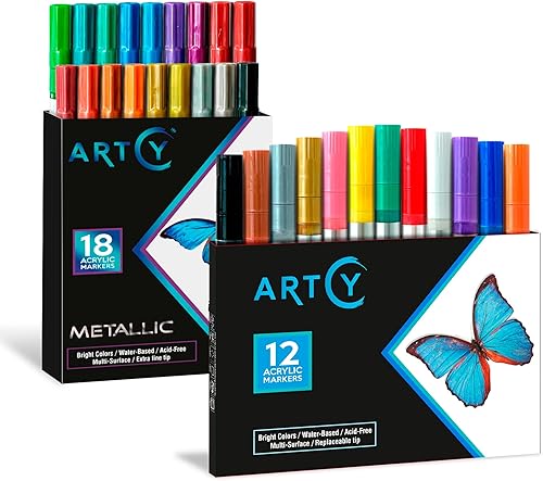 ARTCY 12 marcadores de pintura acrílica con punta media, 18 bolígrafos metálicos de pintura acrílica punta extrafina. Paquete para pintura roca,
