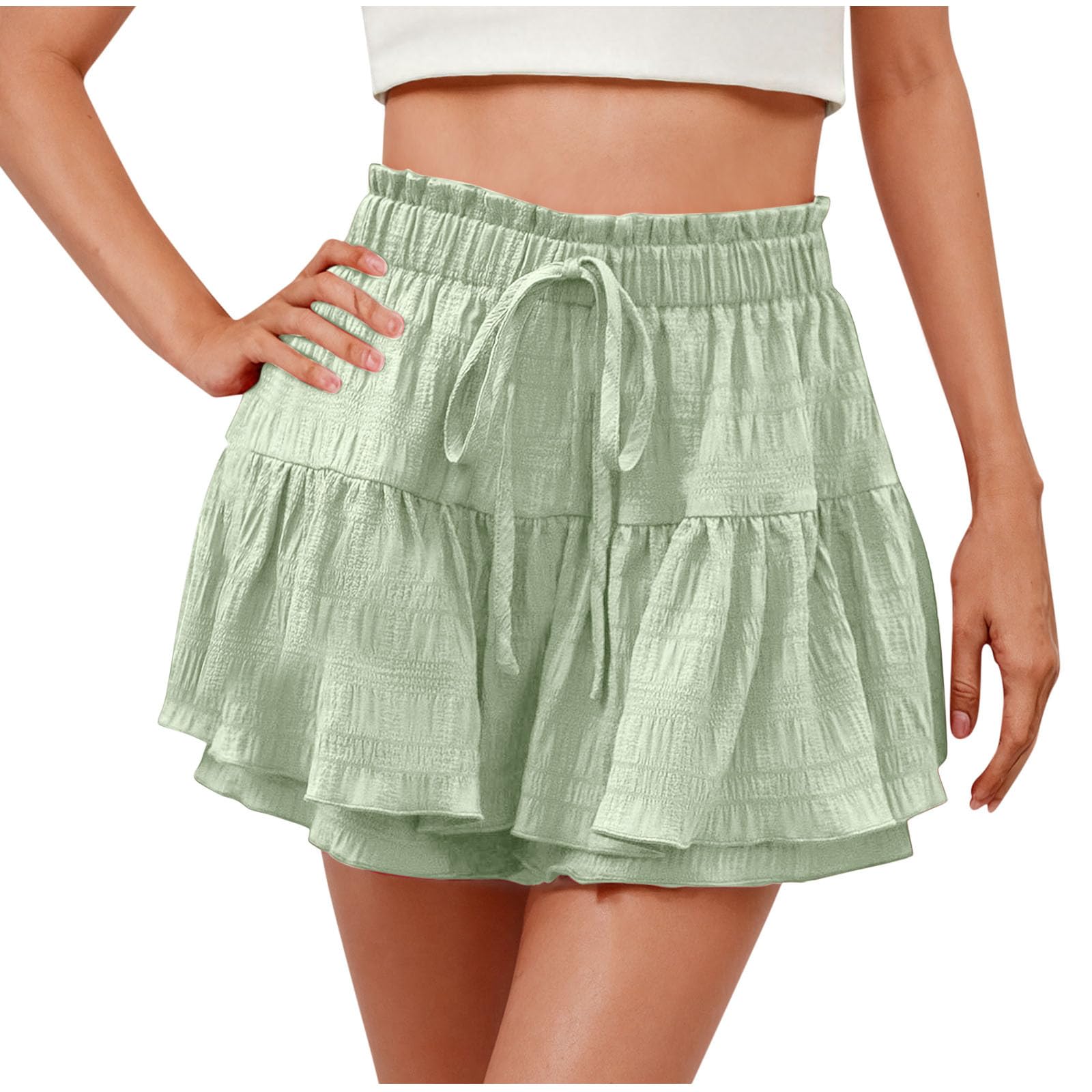 Shorts for Women Trendy Ruffled Hem High Waisted Drawstring Short Pants Flowy Casual Summer Beach Skirt Shorts 2025(Mint Green,Medium)