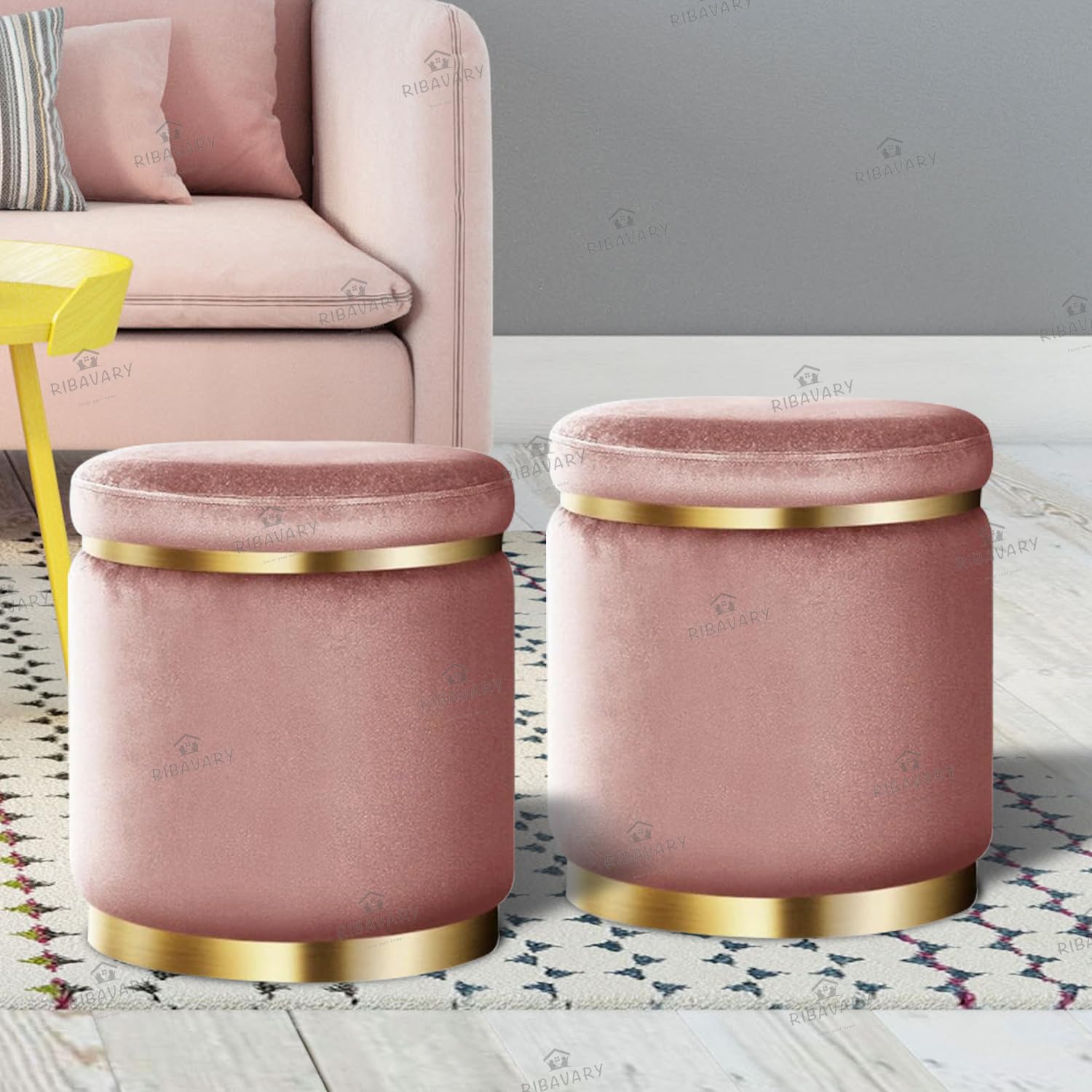 RIBAVARY Velvet Luxurious Sitting Stool for Bedroom & Living Room, Sofa Side Stool, Wooden Small Ottoman Footrest Stool, Makeup Chair, Pouf for Office & Home Decoration (Drum Combo, Pink 2)-image-47