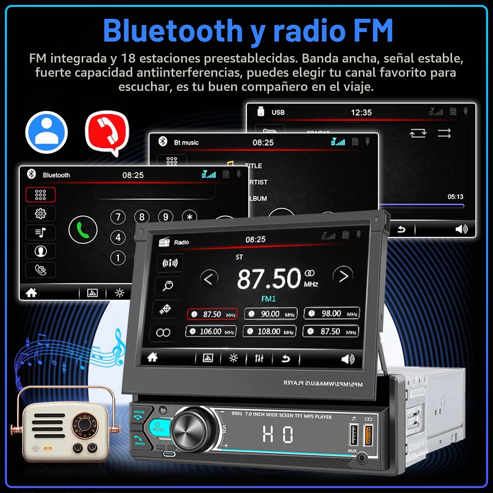 Hikity Radio Coche 1 DIN con Pantalla Retráctilde,7'' Pantalla táctil 1 DIN Reproductor MP5 para Coche Radio Retráctil con Bluetooth FM TF USB Mirror Link Cámara Trasera Control del Volante