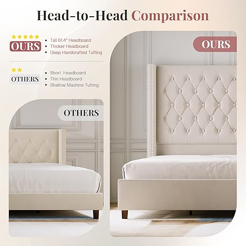 Miniatura 4 de PaPaJet Base de cama tamaño Queen con cabecera de diseño de alas de 61.4 pulgadas de alto, plataforma tapizada de terciopelo, acolchado de botón