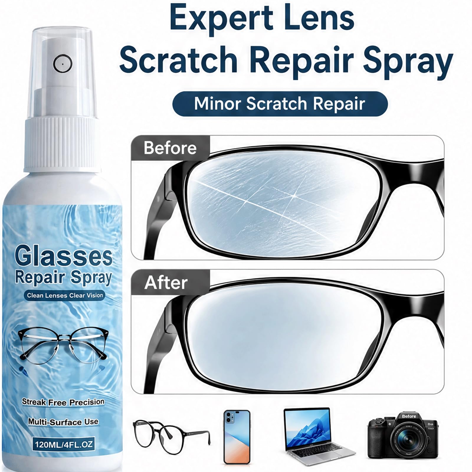 Expert Lens Scratch Remover Spray & Cleaner, kleinere Kratzer Reparatur, schnell trocknende streifenfreie rückstandsfreie Formel, tragbare Linse Anti Fog Spray (5PCS)