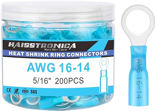 Miniatura 10 de haisstronica - 200 piezas de terminales de anillo termorretráctil #10, conectores de cable impermeables de grado marino azul AWG 16-14 calibre,