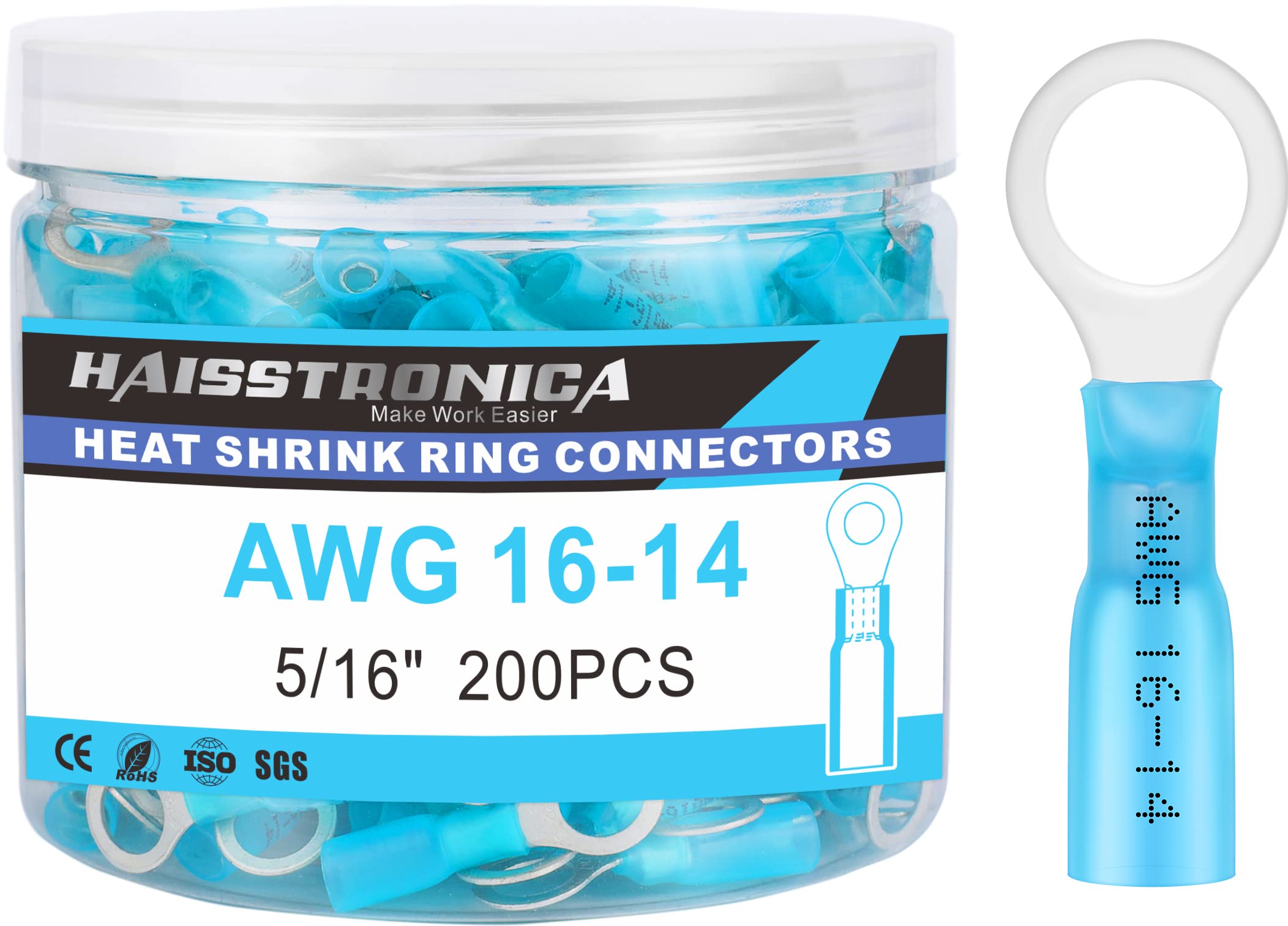 haisstronica200pcs 5/16" Blue Marine Grade Heat Shrink Ring Connectors-Tinned red Copper 0.7mm Ring Terminal Connectors-Heat Shrink Wire Connectors-Insulated Electrical Crimp Terminals 16-14 Gauge