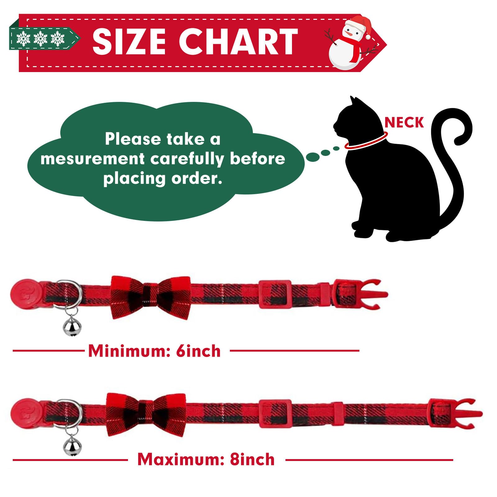 azuza Breakaway Katzenhalsband mit Glöckchen, 2 Stück, Sicherheitsschnallen, Kätzchenhalsbänder mit Fliege, klassisches Karomuster, verstellbar von 15,2 cm - 20,3 cm