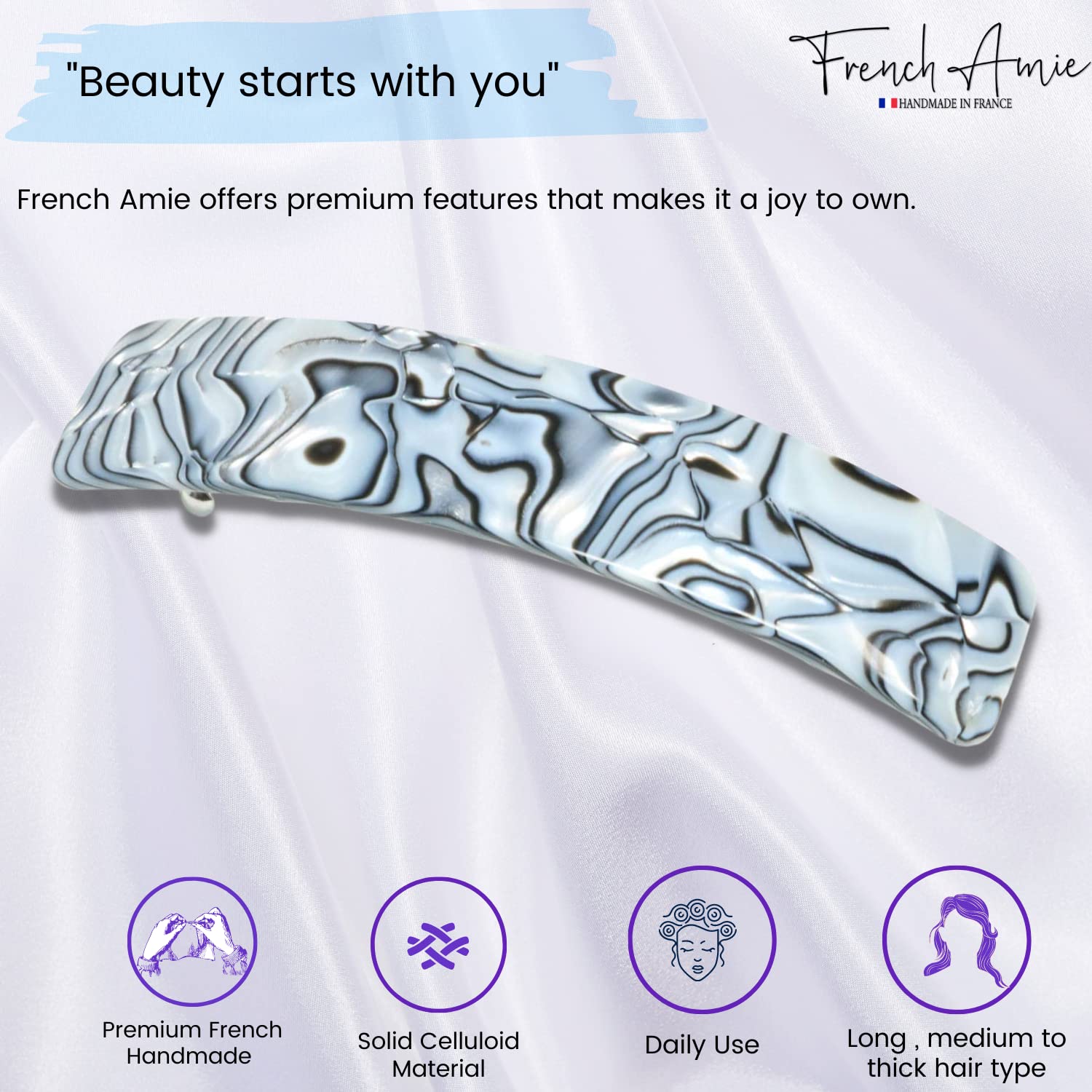Long Rectangle Hair Clip Gray Magma Handmade Celluloid Automatic Style Amazon.com : French Amie Long Rectangle Large 4” Gray Magma  main image 4