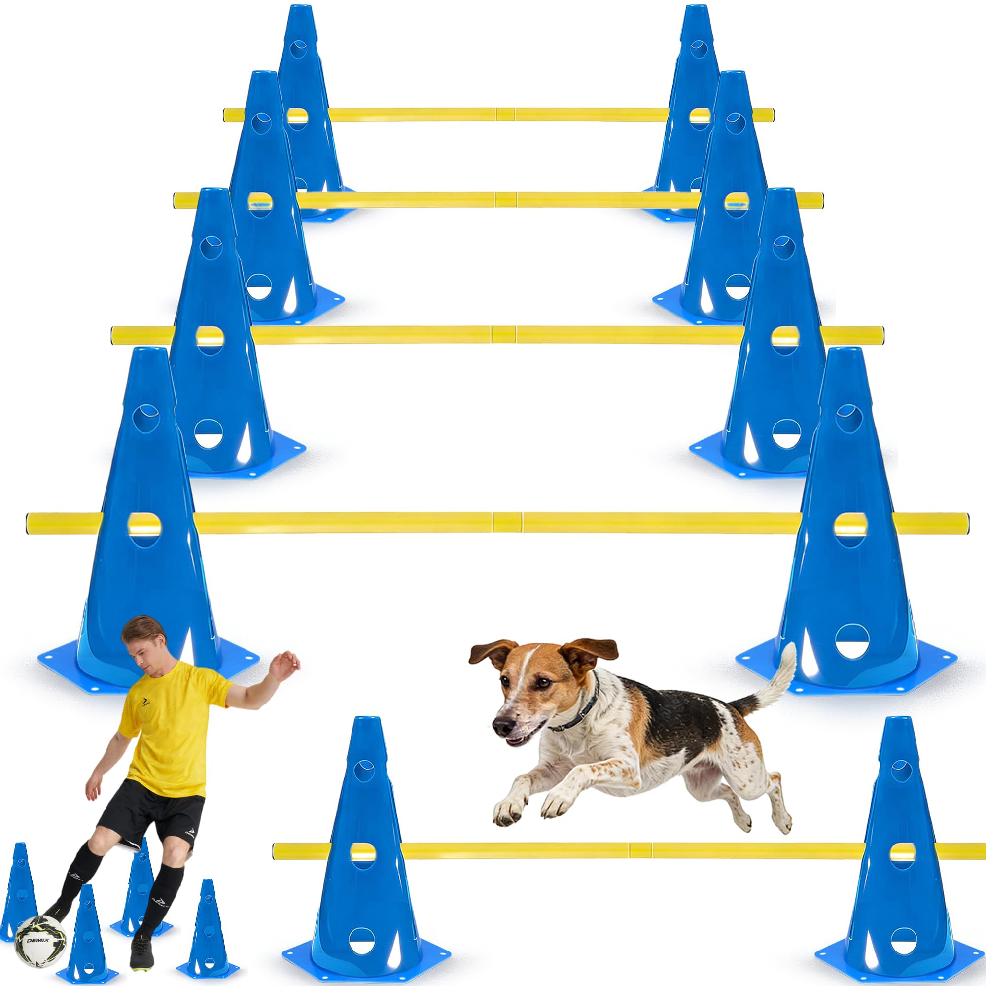 Shengruili Agility zestaw płotek dla psów, płotki dla dzieci, 8 stożków, wysokość 23 cm + 8 drążków o długości 100 cm, do ćwiczeń dla zwierząt i treningu piłki nożnej