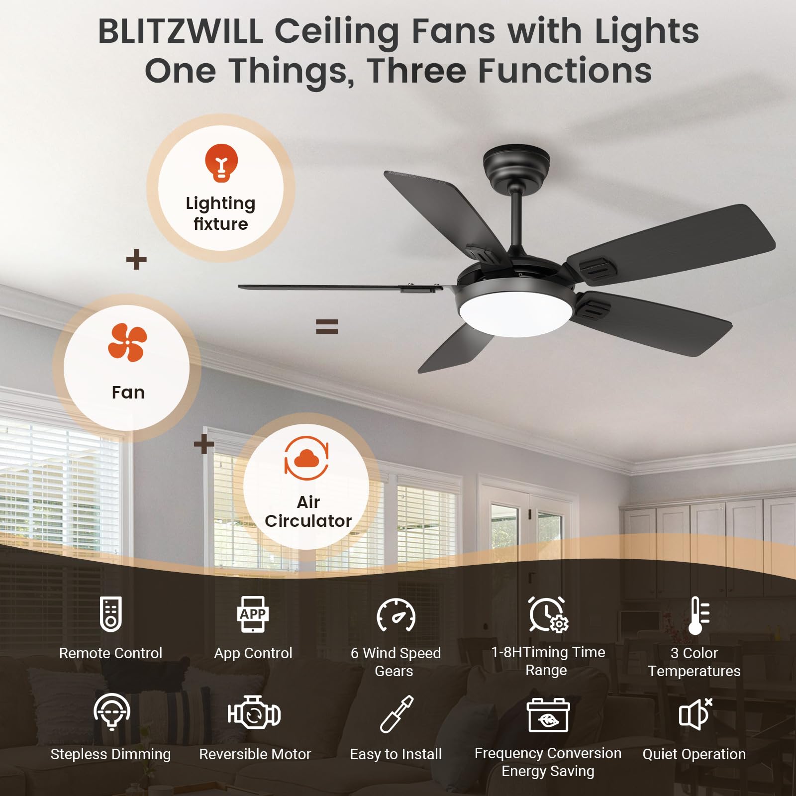 Ventilatore da Soffitto con Luce LED Ø132cm, App e Telecomando | Silenzioso, 5 Pale, Funzione Estate-Inverno, 6 Velocità, 3 Colori Dimmerabili, Timer per Camera da Letto e Soggiorno