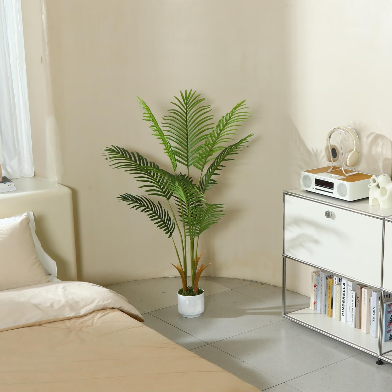 Artificial Palm Tree White Pot 4ft with Realistic Leaves and Adjustable Branches and 9 Trunks, Faux Plants Indoor Tall - Ideal for Home Decor in Living Rooms, Offices, and Bedrooms (4FT Palm Tree) - Image 5