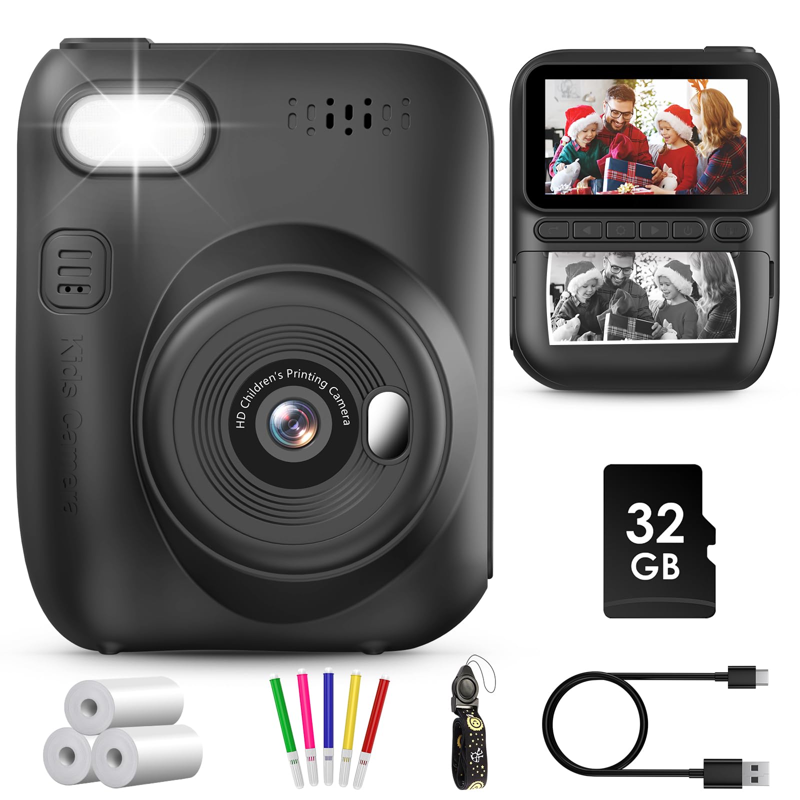 GREENKINDER Macchina Fotografica Bambini Istantanea, 3,0 Pollici 14MP Fotocamera Istantanea Bambini con 32GB Scheda, 1080P Fotocamera Digital per Bambini, Giocattolo Regalo per Bambino da 3-12 Anni