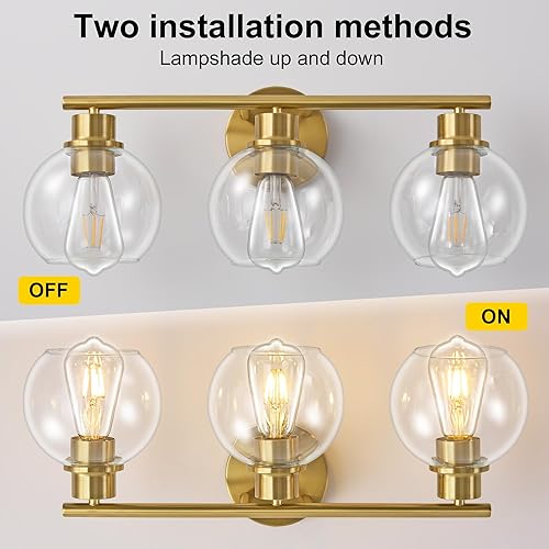 Miniatura 3 de Lámparas de baño, 3 luces doradas de baño, aplique de pared industrial sobre el espejo, lámpara de tocador de baño con pantallas de cristal, luces
