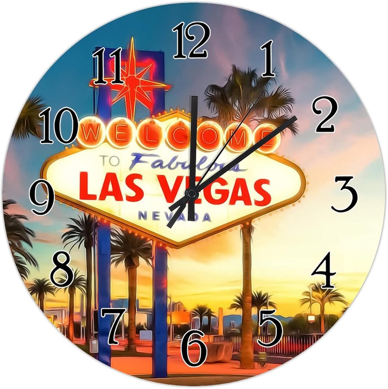 USA City Casino Las Vegas Wooden Wall Clock City in Nevada State Wall Clocks Travel Lovers Gift Wood Round Clock Battery Operated Silent Hanging Wall Clocks for Living Room 12inch