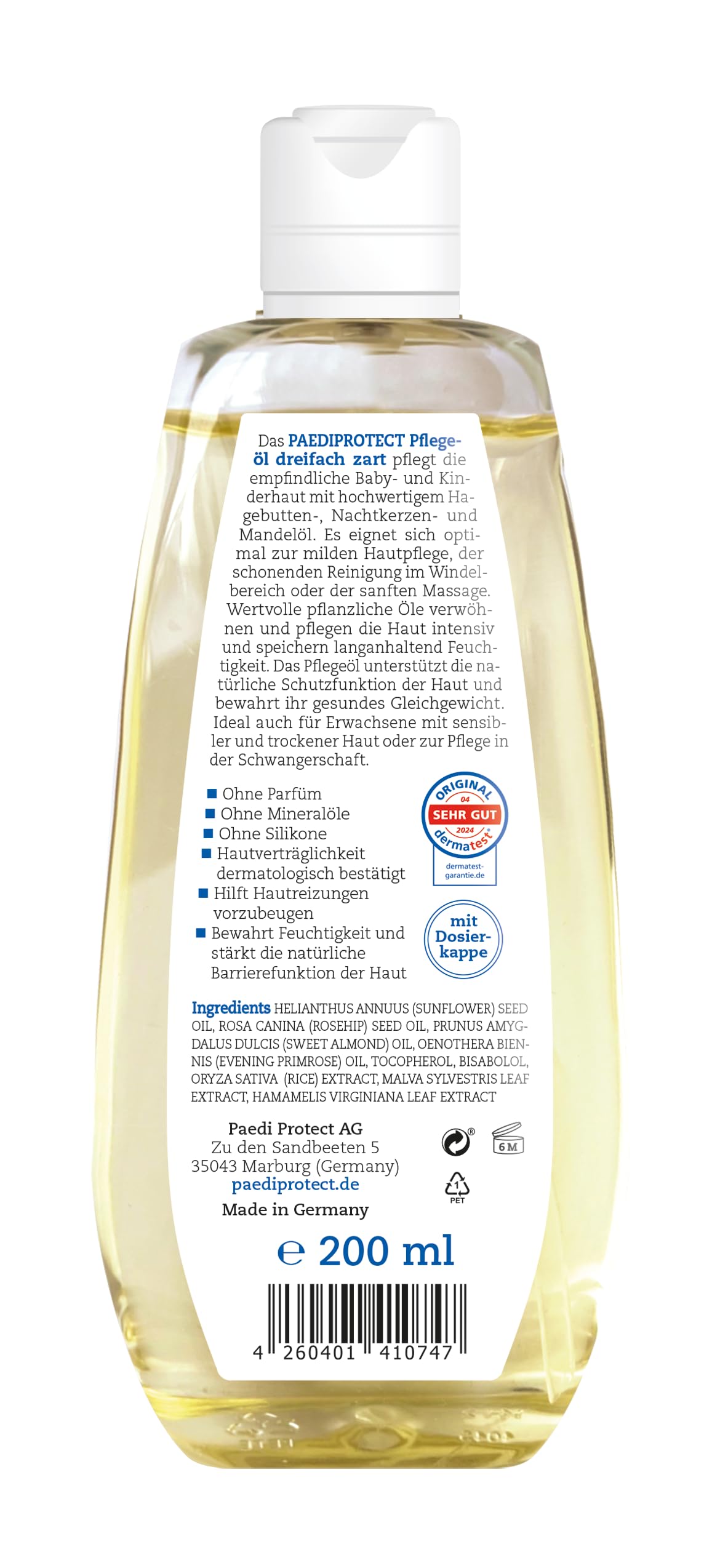 PAEDIPROTECT Olio per la cura di neonati e bambini 200 ml, olio per bambini con olio di mandorle per pelli giovani, olio per il corpo per la cura delicata della pelle e pulizia nella zona del