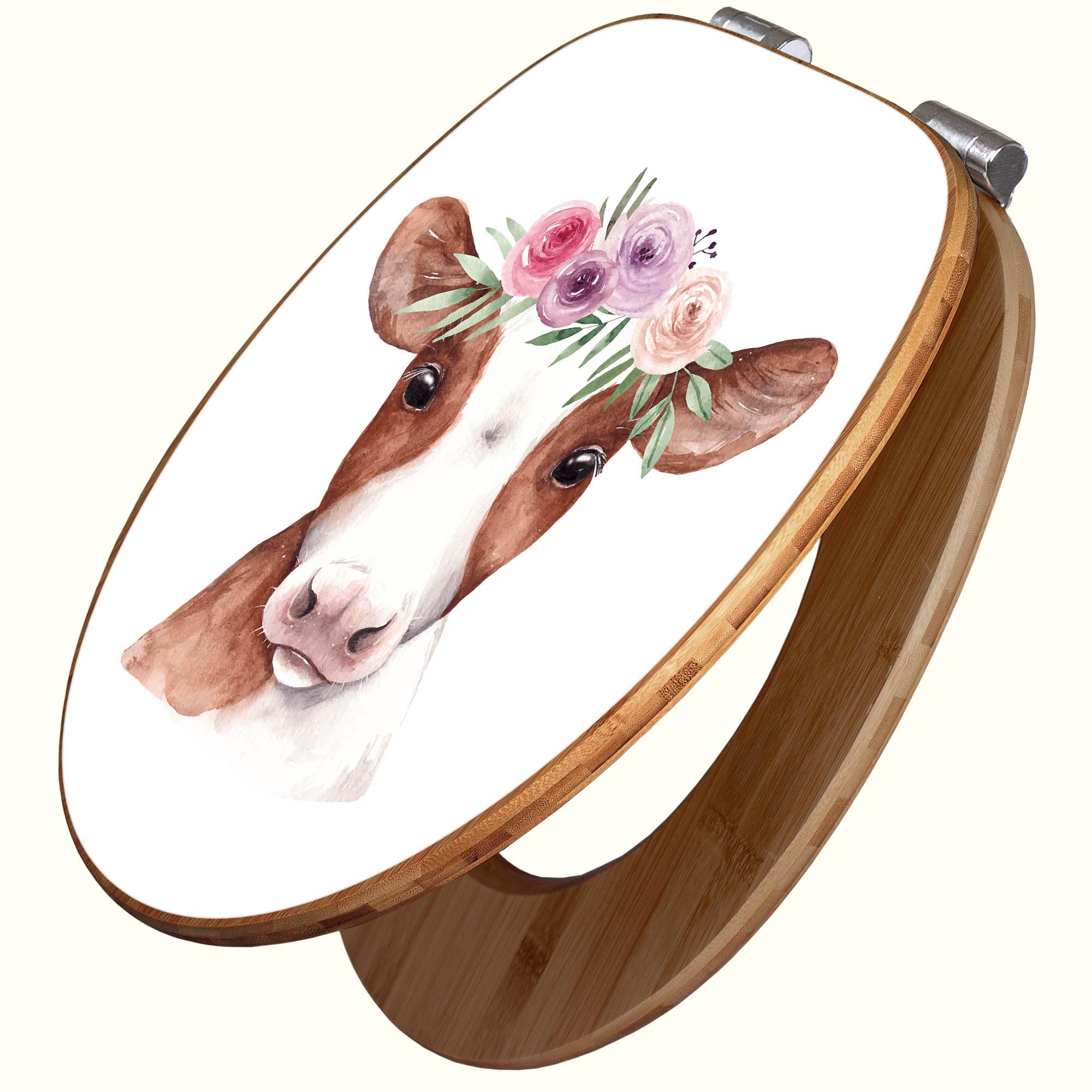 banjado Design WC Sitz Bambus Absenkautomatik 45,8x37,5cm - Toilettendeckel mit Absenkautomatik Holz - hochwertiger Bambus Klodeckel - WC-Sitz für gängigen Toiletten - Motiv Kuh mit Blumenkrone
