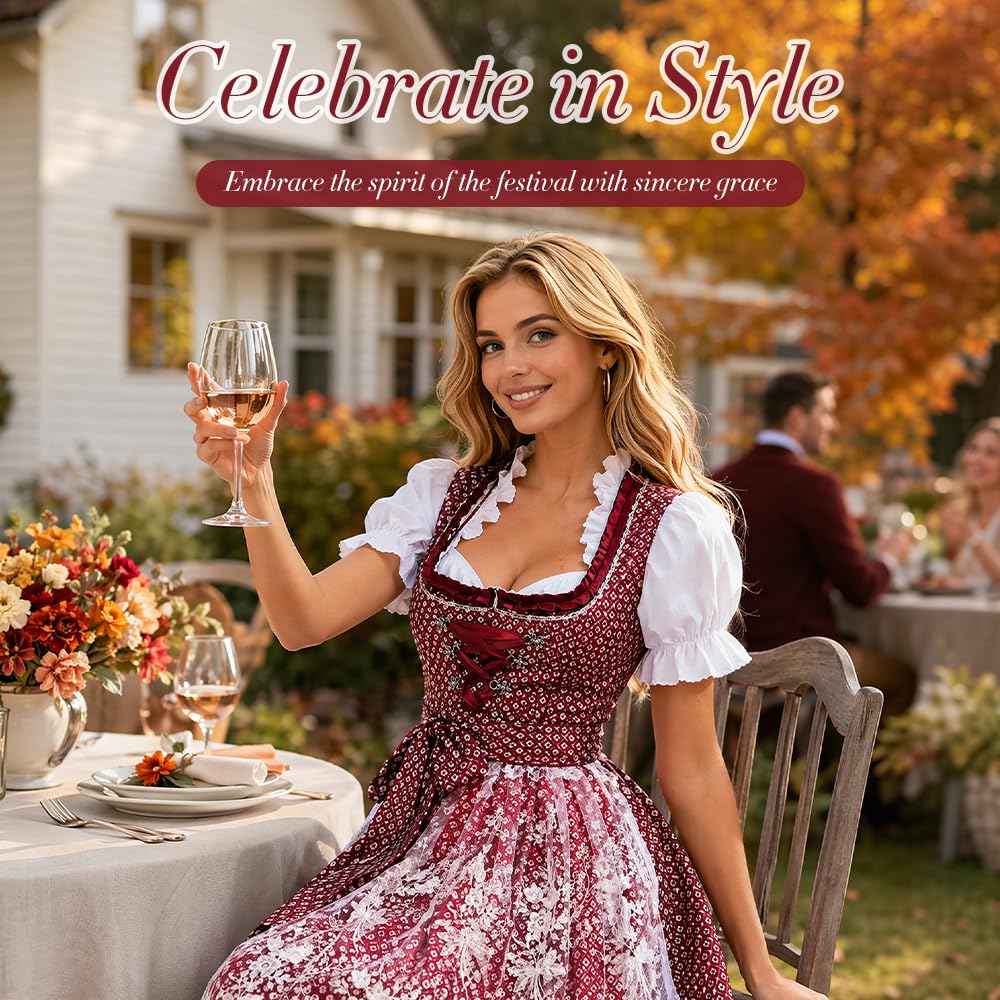 Foreverup Damen midi Trachtenkleid, Tachtenkleid für Oktoberfest, Damen Weinrot Trachtenkleid, Germandress für Oktoberfest mit Trachtenbluse Spitze Midi Rock Schürze für Besondere Anlässe