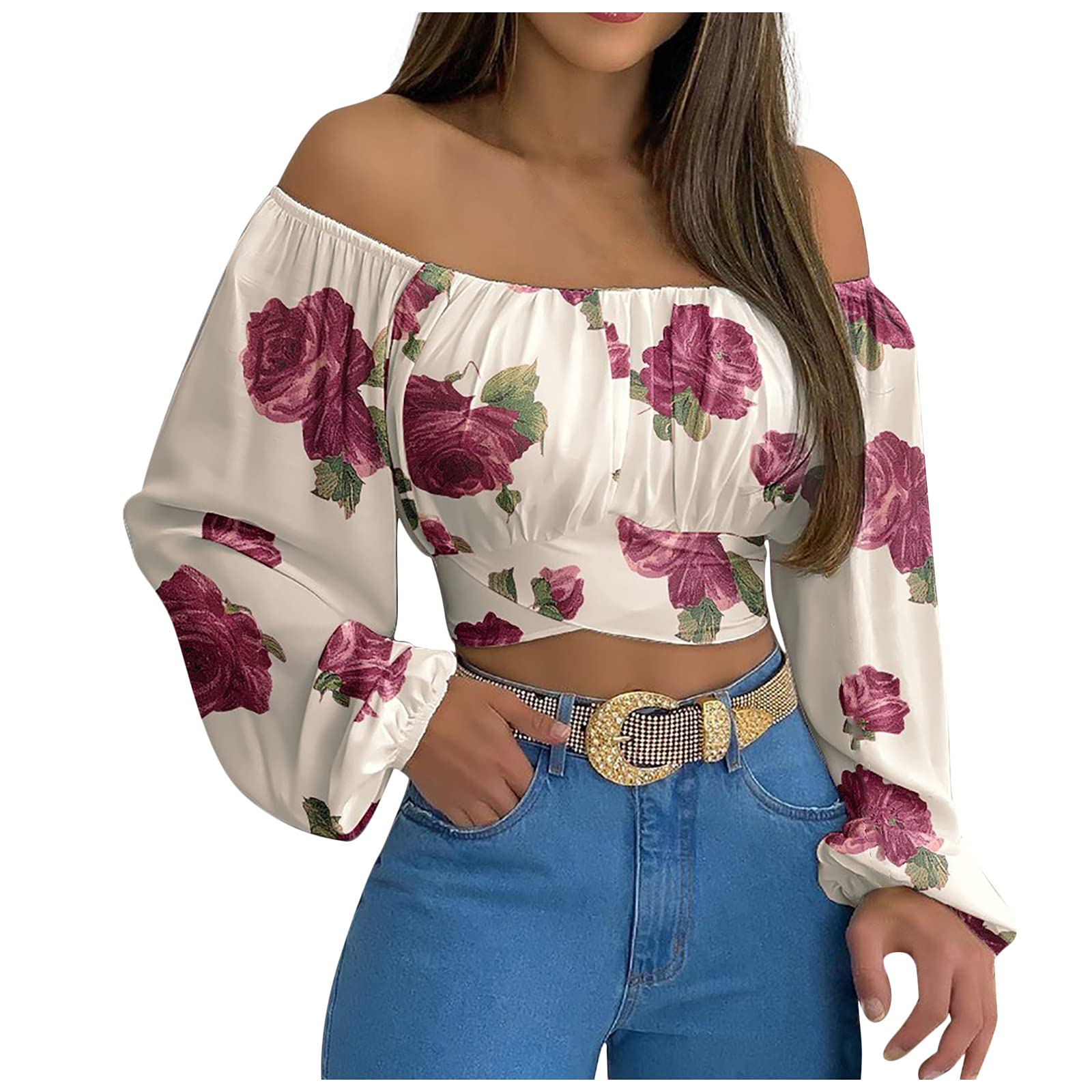 AMhomely Woman's Strapless Long Sleeve Printing Off Shoulder Ruched Lantern  Sleeve Crop Tops Vintage Work Shirt UK Size