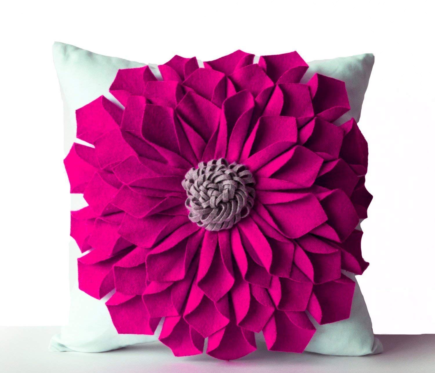 Decorative Pillow Case Felt Flower Pillow Cover Fuchsia Gray White