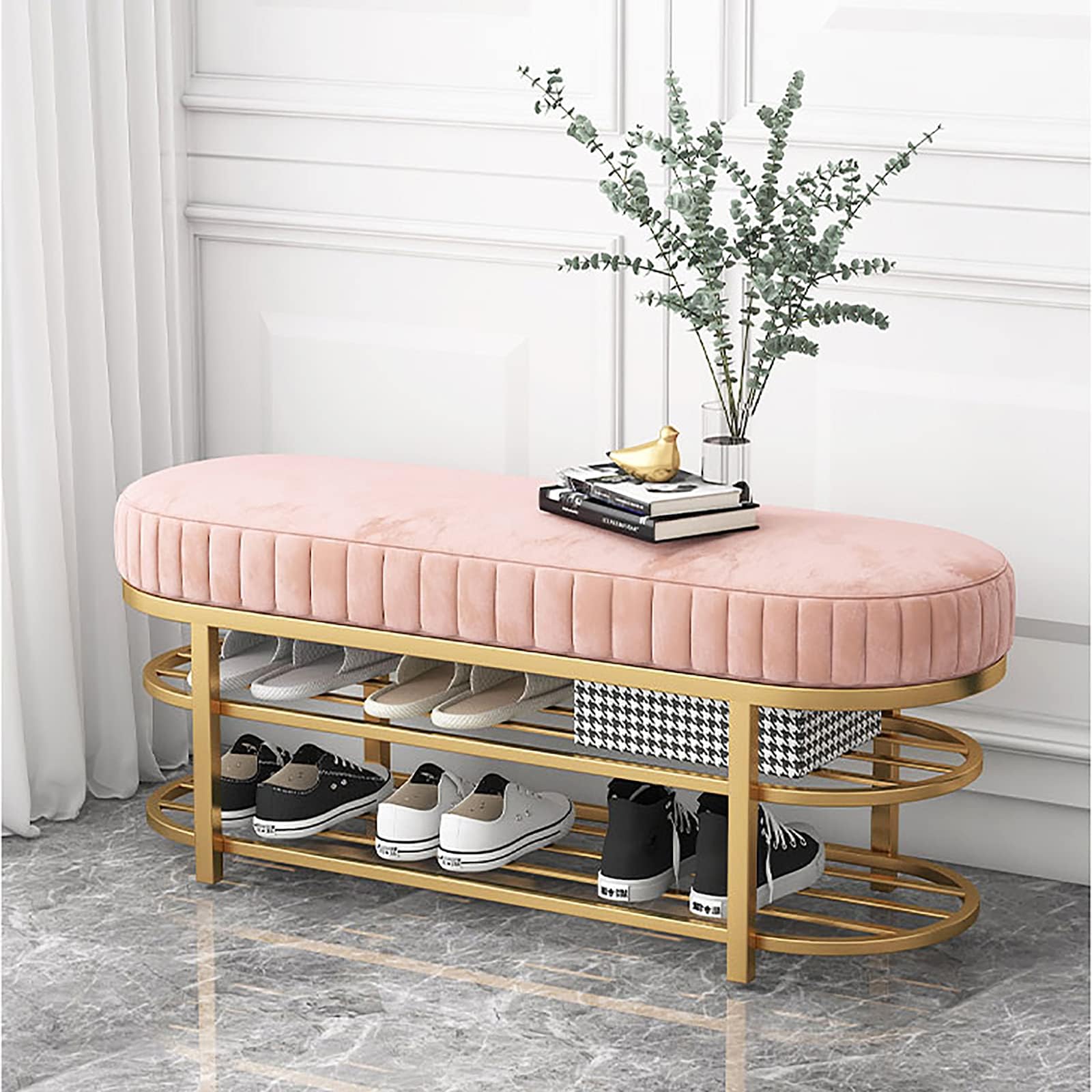 MSHGSKU Modern Velvet Upholstered Entryway Bench, Stylish 2-Tier Shoe Rack & Organizer, Premium Hallway Storage Solution (31.5", Pink)