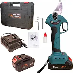 Tesoura de Poda a Bateria sem Fio, 21V, Sinalizador de Carga da Bateria, Carregador e Maleta, Chave L, Óleo Lubrificante e Manual