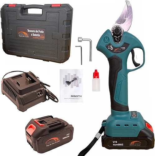 Tesoura de Poda a Bateria sem Fio, 21V, Sinalizador de Carga da Bateria, Carregador e Maleta, Chave L, Óleo Lubrificante e Manual