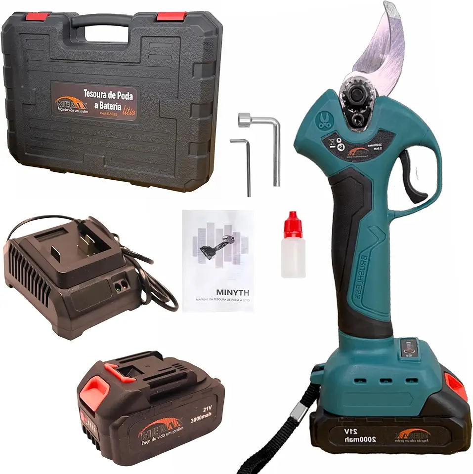 Tesoura de Poda a Bateria sem Fio, 21V, Sinalizador de Carga da Bateria, Carregador e Maleta, Chave L, Óleo Lubrificante e Manual