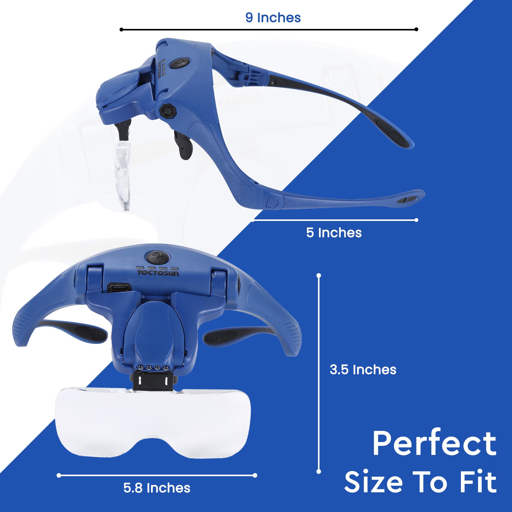 YOCTOSUN Lente d'ingrandimento con 4 luci LED e 5 lenti, custodia per la testa, mani libere, lente d'ingrandimento per lavori artigianali, punto croce, pittura, lavoro ravvicinato, hobby