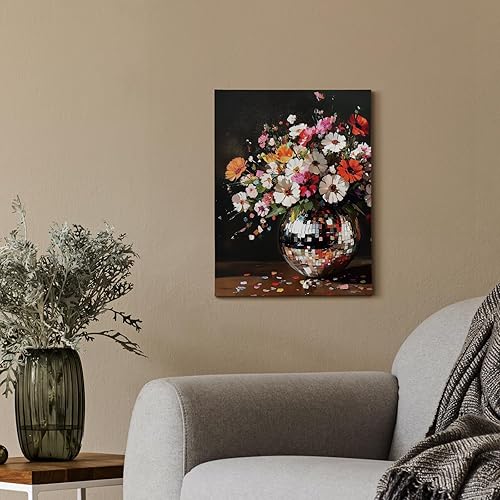 Miniatura 3 de Voxitura Lienzo decorativo de pared con diseño de bola de discoteca y flores silvestres, decoración de pared retro moderna para sala de estar,