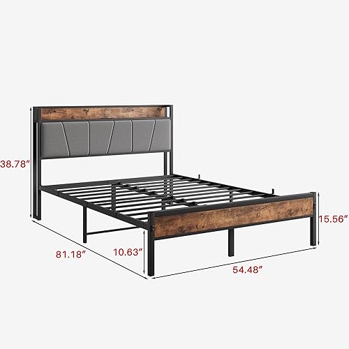 Miniatura 2 de BOFENG Base de cama de tamaño matrimonial con cabecera de almacenamientoestación de carga, base de cama tapizada de metal resistente, tamaño