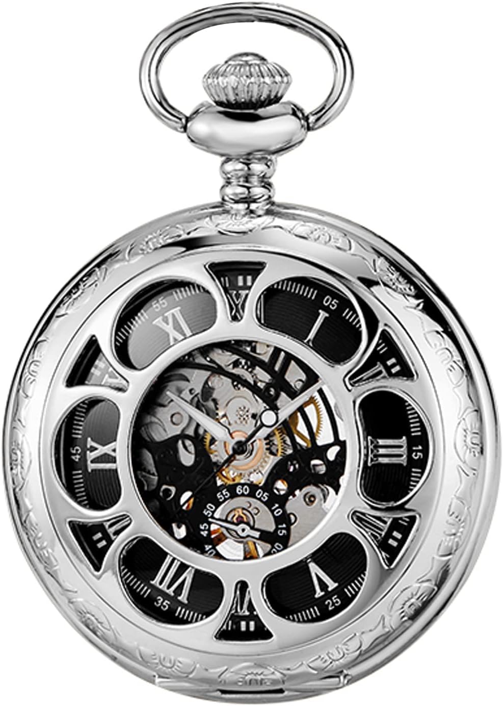 Black and Silver Roman Numeral Dial Mens Mechanical Moon Phase Design, Moon Sun Pattern Skeleton Mechanical Pocket Watches for Men with Case and Chain - Black