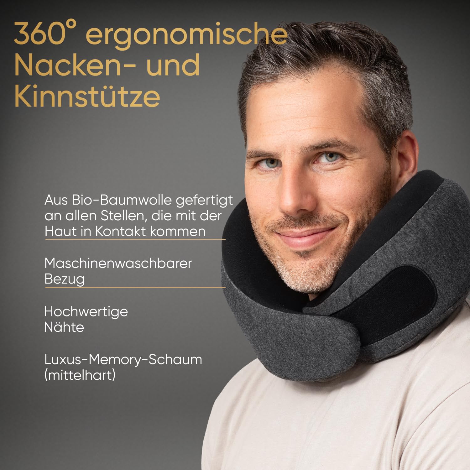 Proglobe Luxe Reisekissen aus Memory-Schaum, Aschschwarz, Weiche Kinnstütze | Kompaktes Nackenkissen mit Kompressionsbeutel, Bezug aus Bio-Baumwolle, leichter Reisekomfort für lange Flüge und Zug