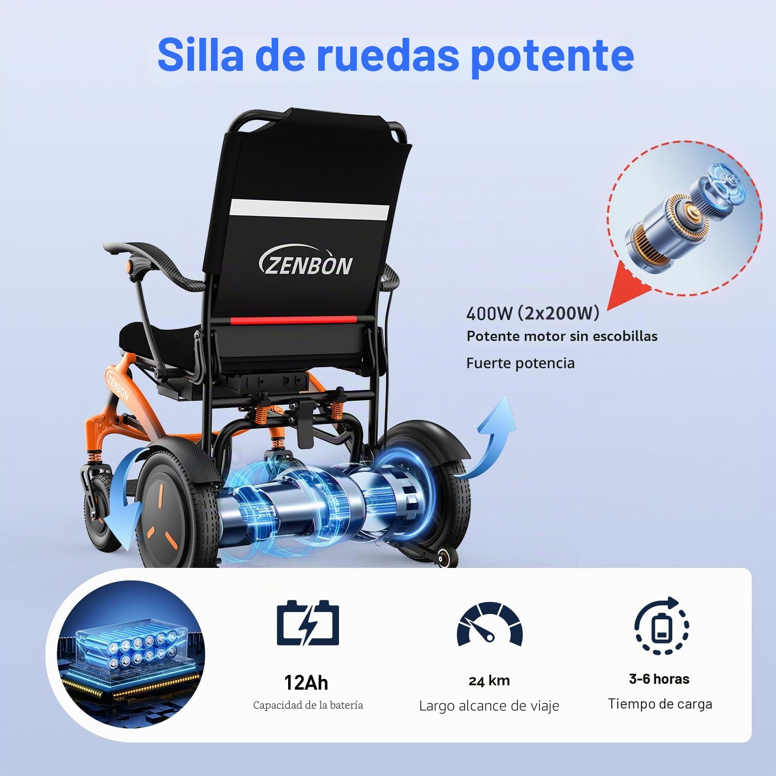 Silla de Ruedas Eléctrica Plegable Ligera de Carbon (Naranja)