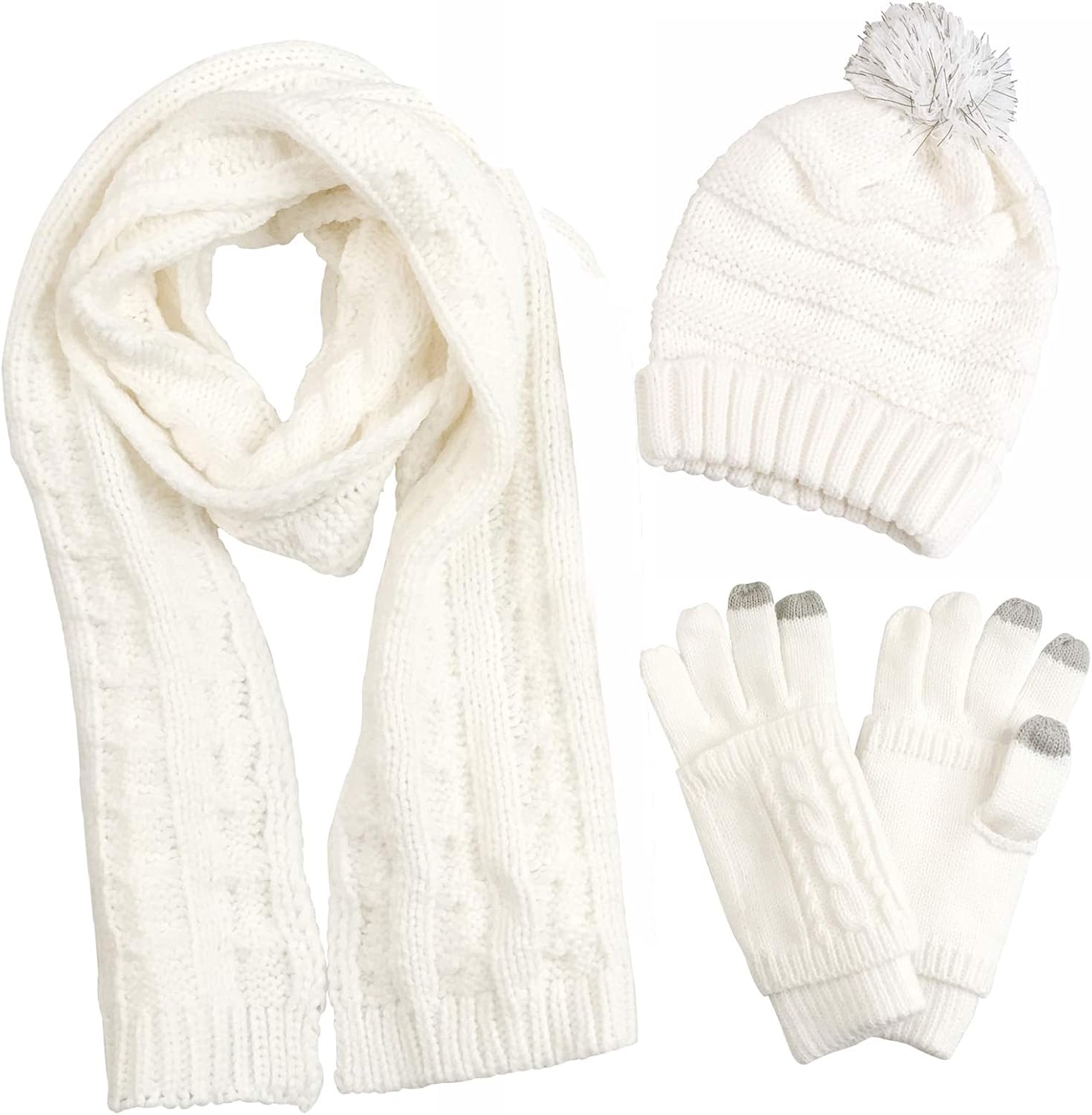 Women Scarf Gloves Hat Set, Pom Beanie Touch Screen Gloves Long Scarf Soft Warm Thick Cable Knit 3PCS Cold Weather Winter Set White : Clothing, Shoes & Jewelry