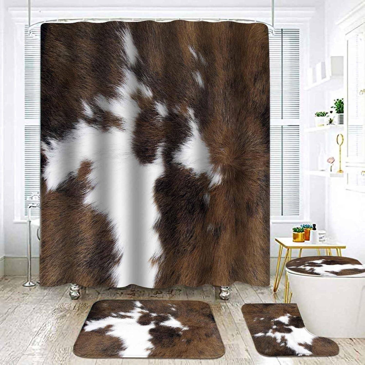 TOMWISH Cowhide Bathroom Shower Curtain Sets with Rugs Toilet Lid Cover and Bath Mat,Western Farmhouse Shower Curtain Bathroom Sets with Rugs and Aaccessories Décor