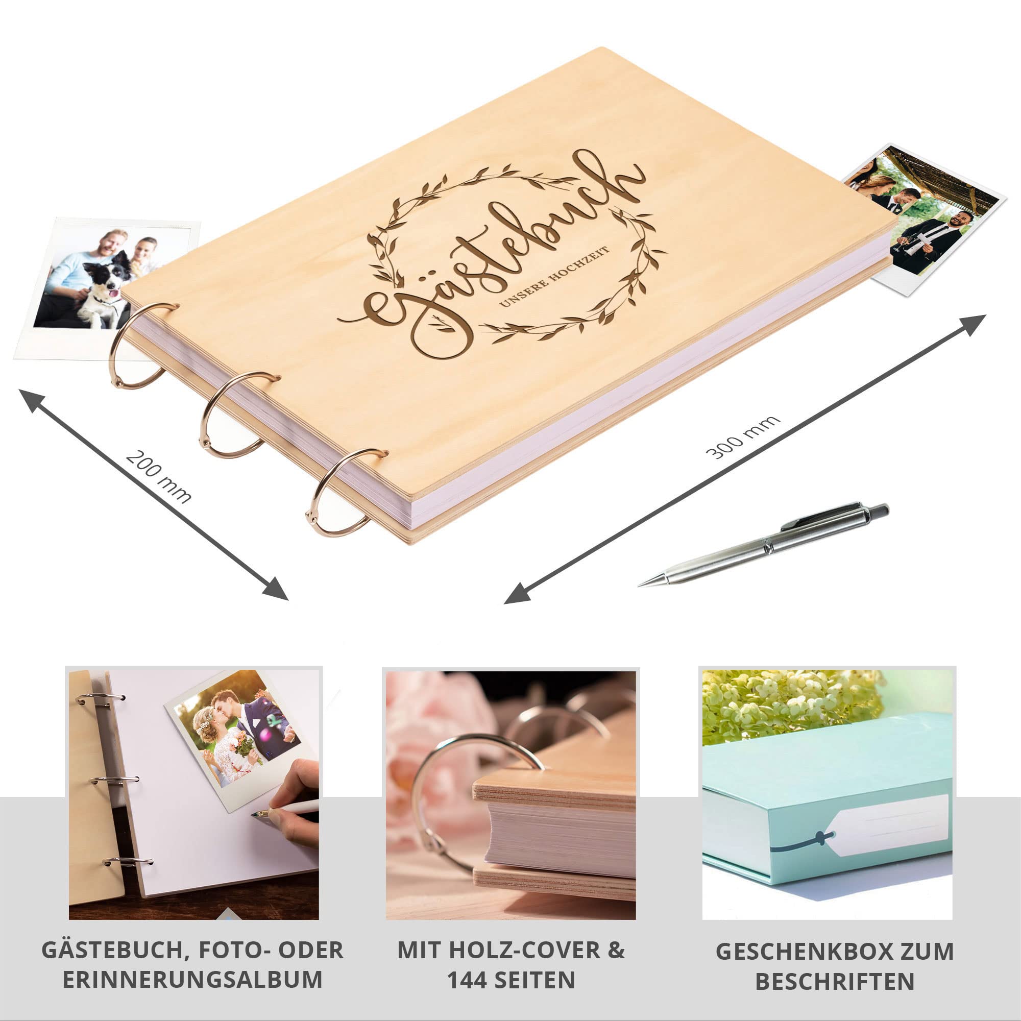 Hochzeit Gästebuch, Hochzeitsbuch mit Gravur, Hochzeitsalbum zum Selbstgestalten, Hochzeitsgeschenk für Brautpaar, Hochzeitsdeko, Hochzeitsempfang Ringbuch, Blanko Buch Holz, Leeres Fotoalbum Hochzeit